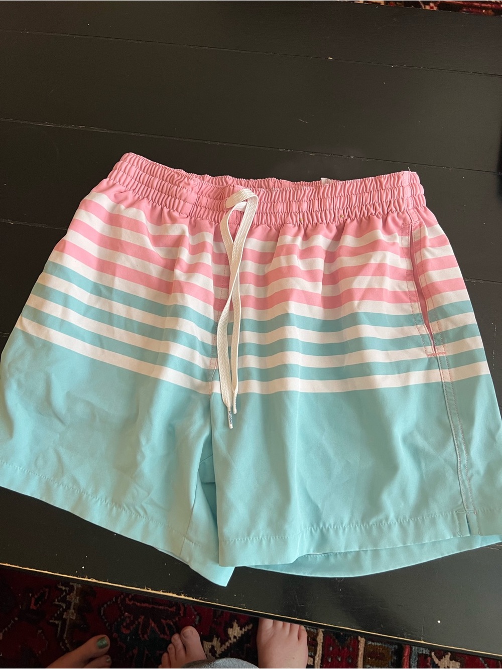 chubbies Kids Swim Trunks in Pink and Light Blue Stripe